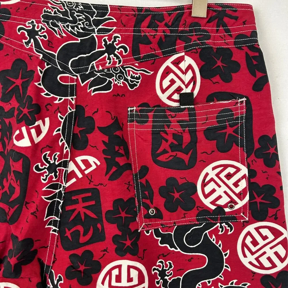 Ocean Pacific OP Vintage Red Chinese Dragon Board Shorts Swim Trunks Men's 34